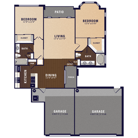 A floor plan of a two-bedroom apartment with a living room, dining area, kitchen, two garages, and a patio.